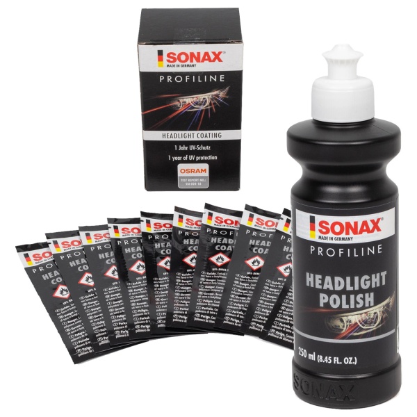 Set Sonax Profiline Soluție Abrazivă Pentru Polish Faruri 250ML 276141 + Sonax Profiline Headligh Coating Solutie Protectie Ceramica Pentru Sigilarea Farurilor Dupa Curatare 50ML 276541